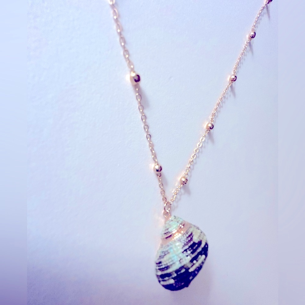 Shell necklace NWOT Gold-plated, dipped, green 1” shell, chain bead goldtone 18”
